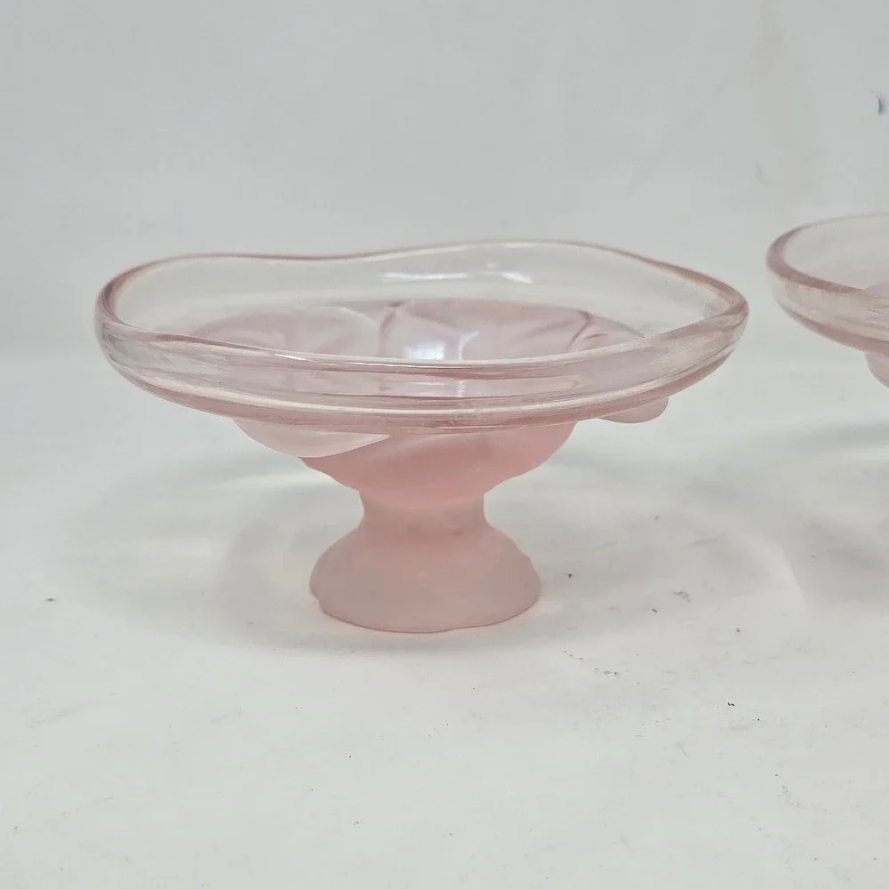 Vtg 2 Viking Glass pedestal bowl pink satin frosted compote candy dish MCM